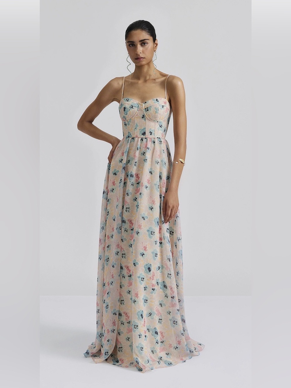 By Malina Floral Bustier Maxi Dress in Soft Pink and Blue